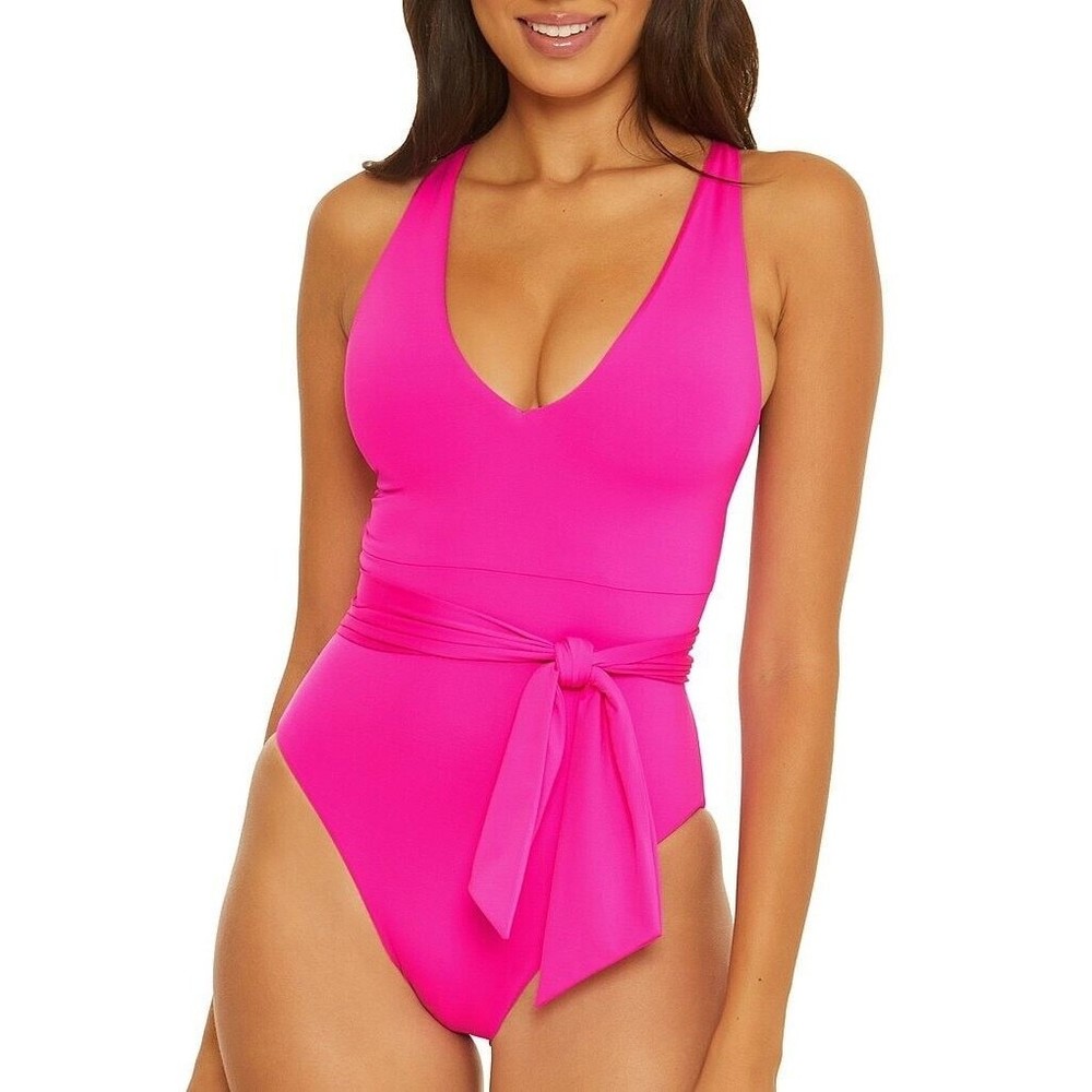 Becca by Rebecca Virtue Color Code Pink Kali Belted One Piece Swimsuit  size M